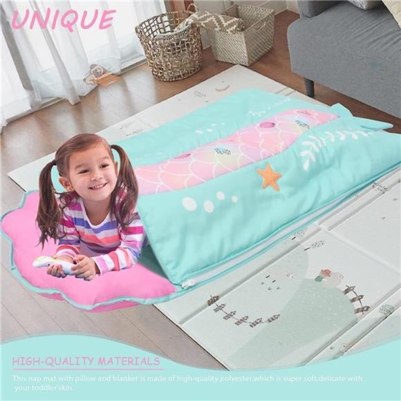 Toddler Nap Mat with Removable Pillow and Blanket - Pink Mermaids 48 x 20 - Picture 2 of 7